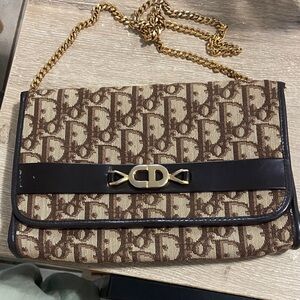 Vintage Christian Dior Brown and Black Monogram Canvas Clutch with Gold Chain